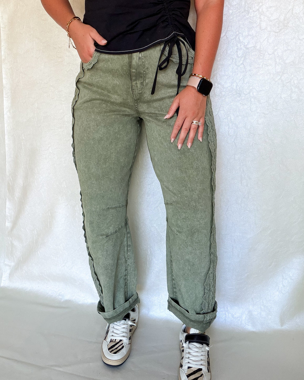 Laced in Olive Jeans